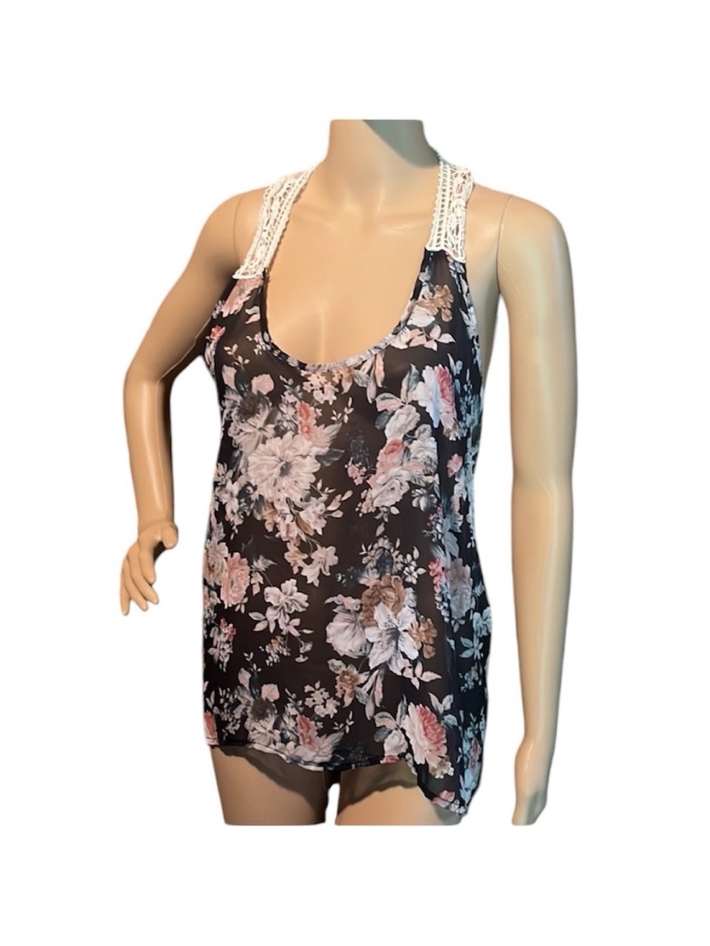 Hot Kiss Black Floral Tank with White Crochet Straps